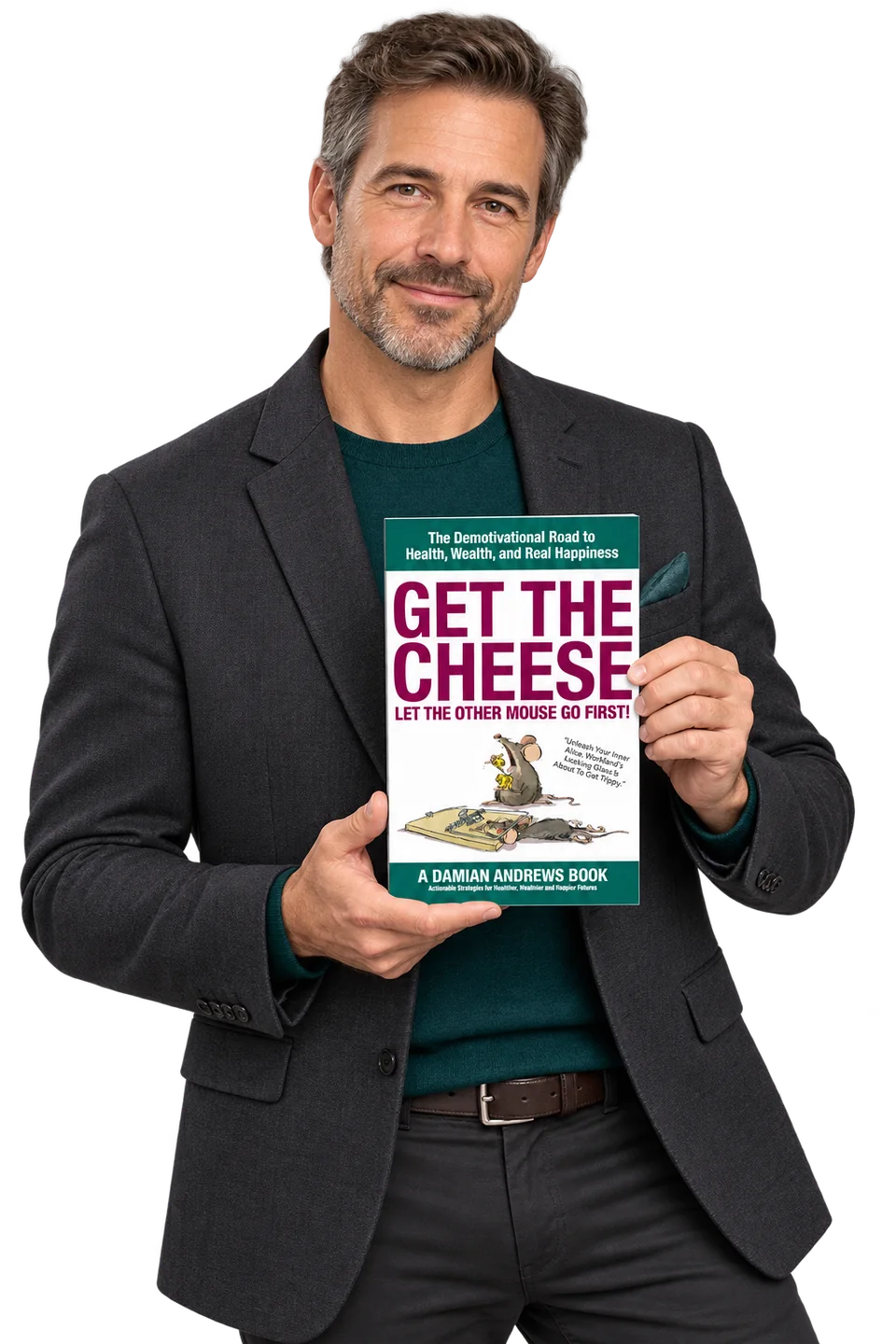 Illustrative person holding a copy of Get The Cheese